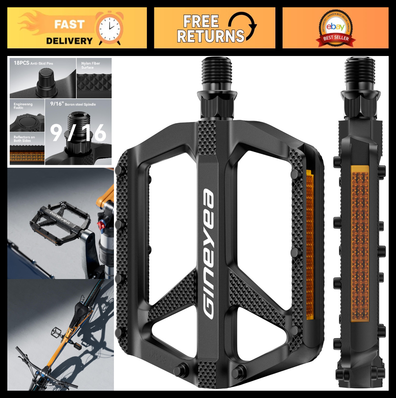 Universal Fit 9/16″ Bike Pedals – Non-Slip Lightweight Nylon, Wide Flat Platform