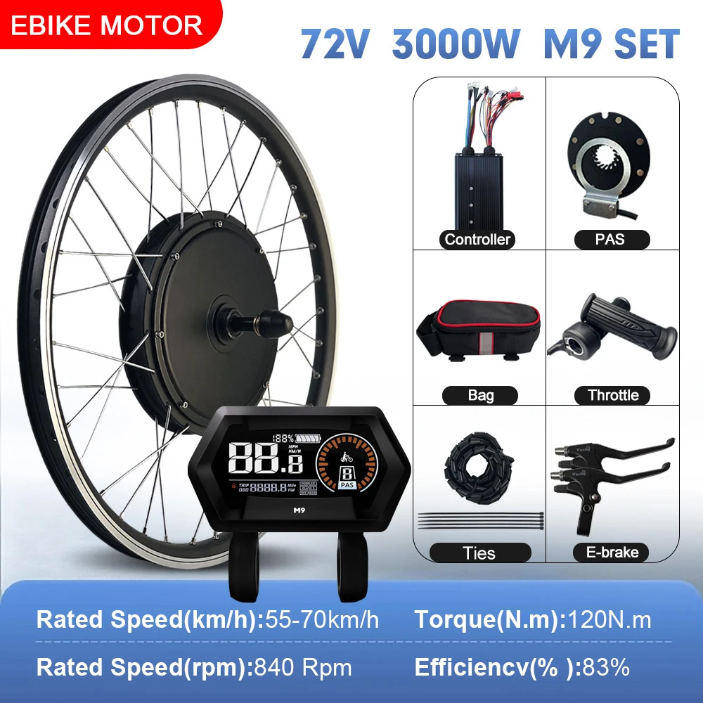 E-bike Conversion Kit 72V 3000W Brushless Rear Wheel Hub Motor Dropout 135mm