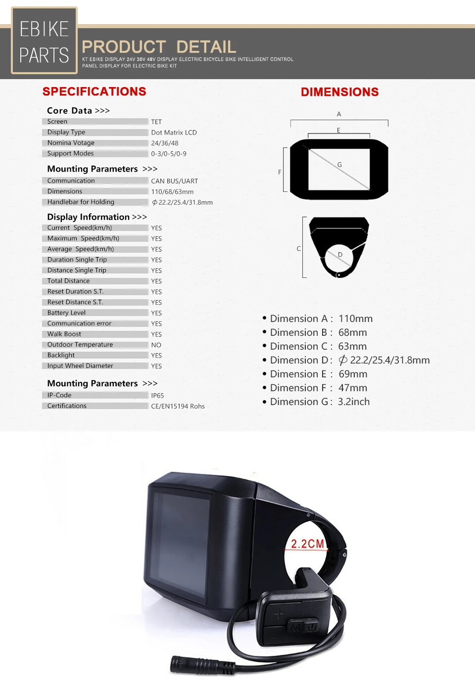 E-bike LCD 750C Display for Electric Bicycle Mid Drive Motor 36V 48V 52V 60V