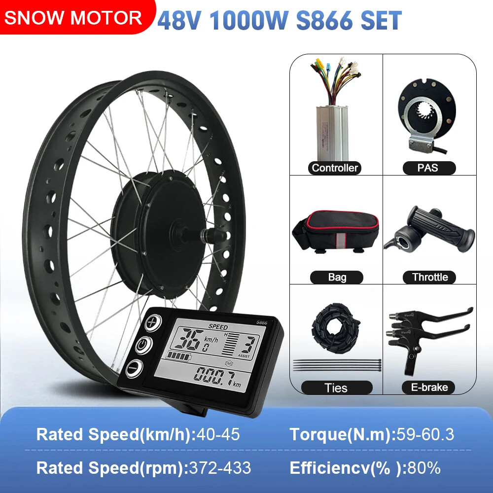 Snow E-bike Conversion Kit 48V 1000W Rear Rotate Hub Motor Wheel 170/190mm