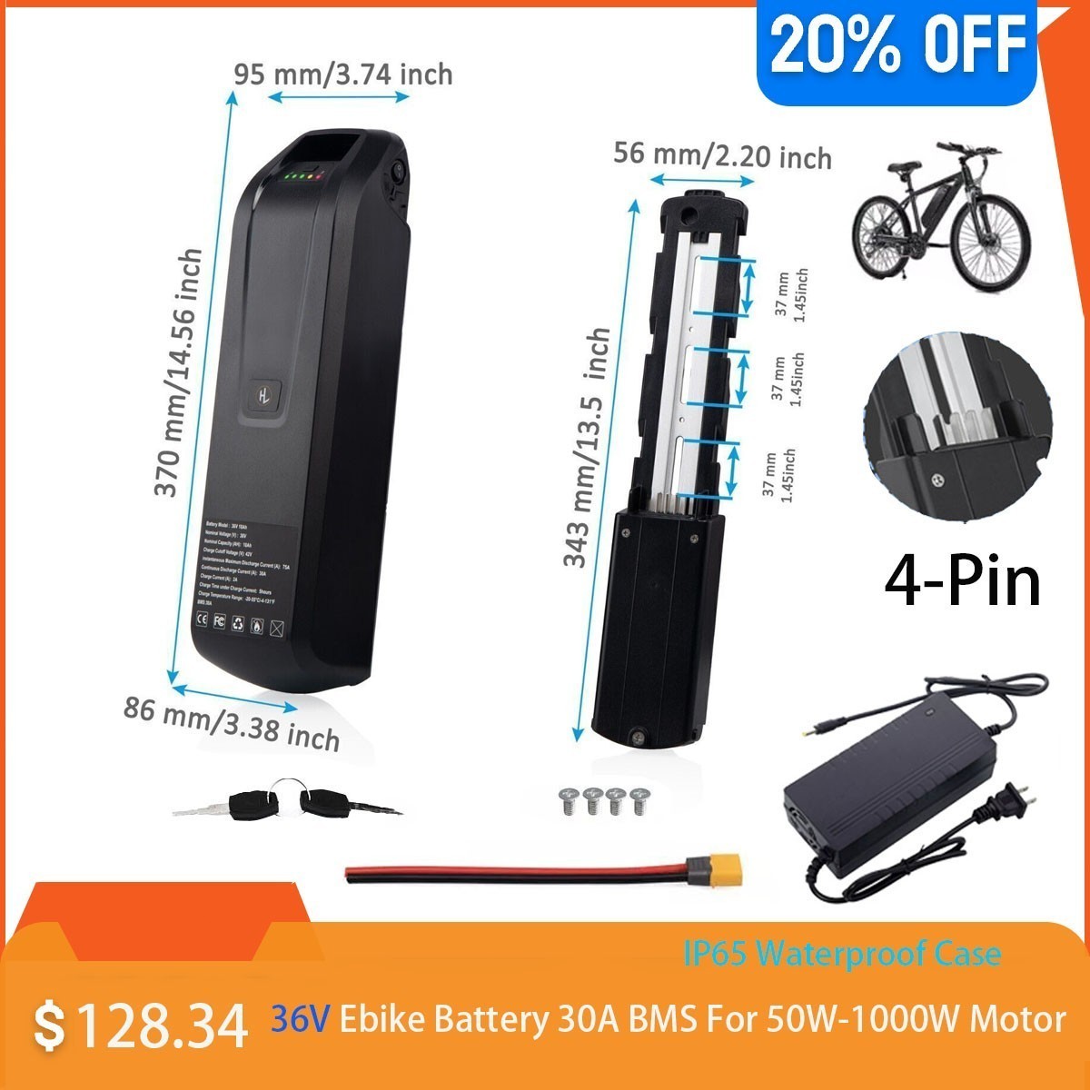36V Ebike Battery, 4-Pin 10Ah Hailong Electric Bike Bicycle Lithium Battery 30A