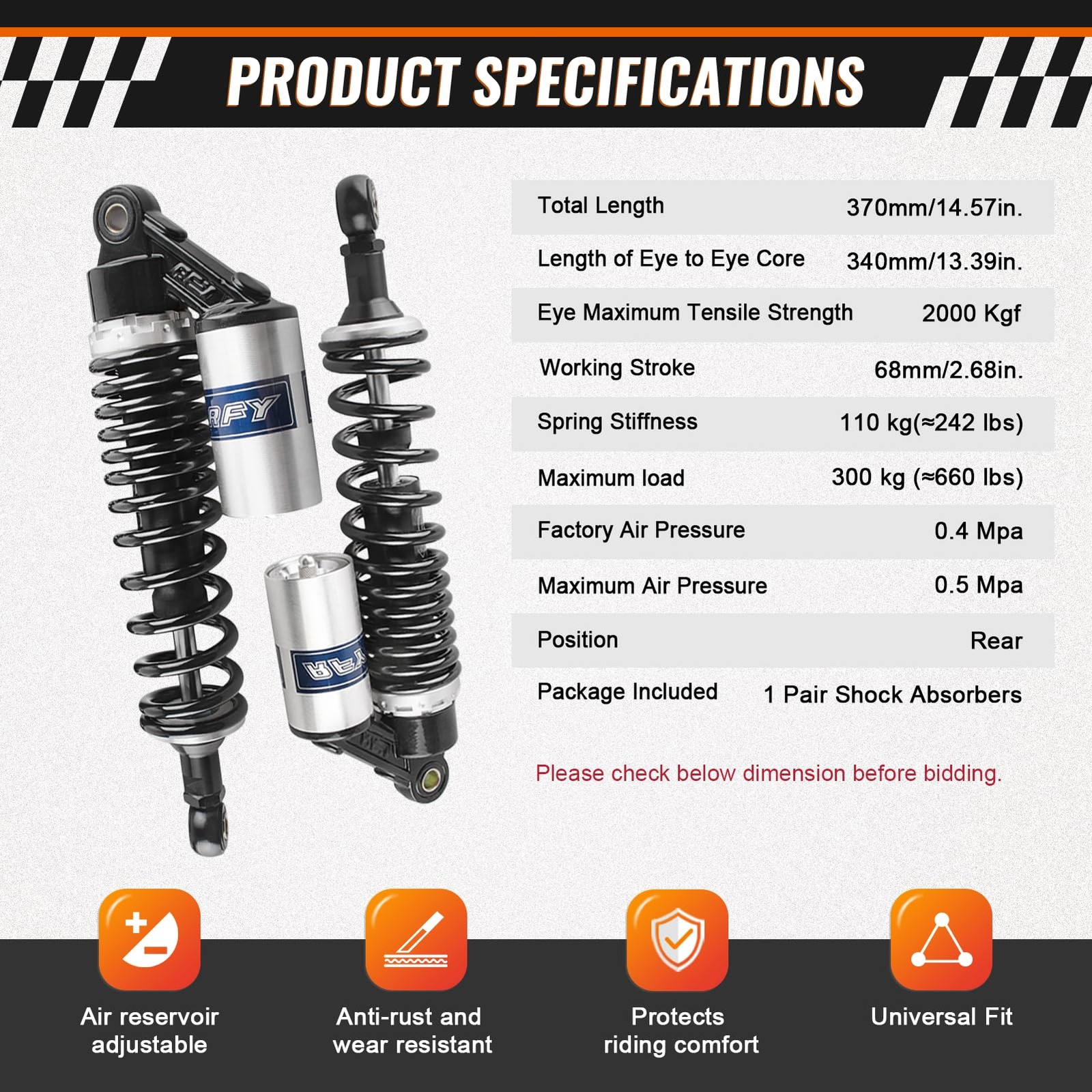 13.5′ 340mm Universal Motorcycle Rear Shock Absorbers Suspension Black Silver