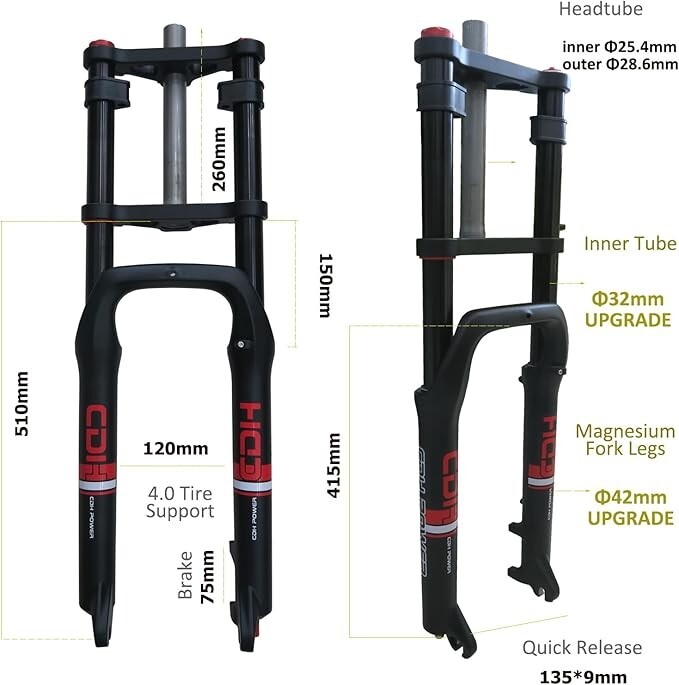 CDH 26X4.0″ Fat Tire Bike Fork, Air Suspension Bicycle Fork Double Shoulder