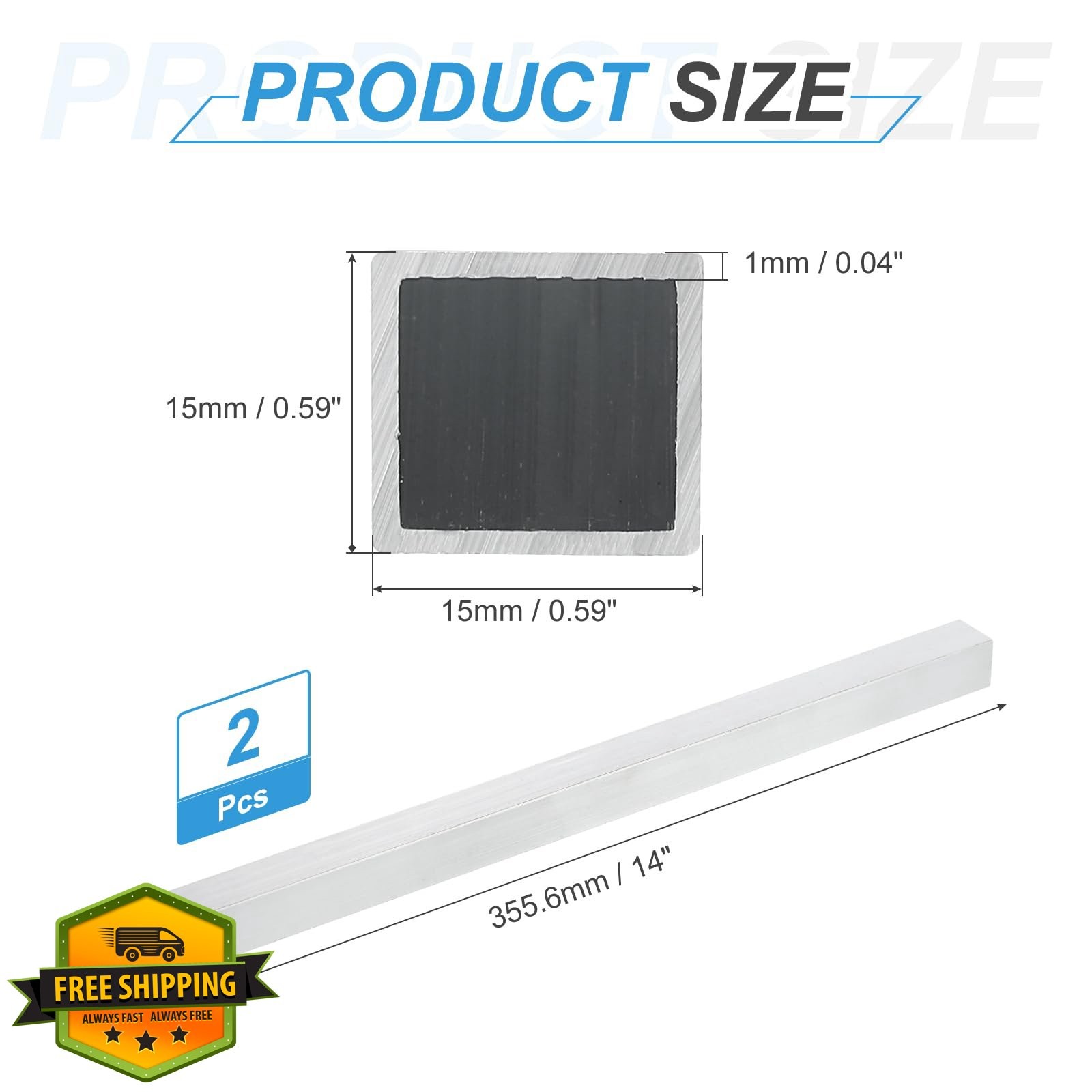 MECCANIXITY 2pc 15x15x1mm Aluminum Square Tube 6063 Metal Profile 355.6mm