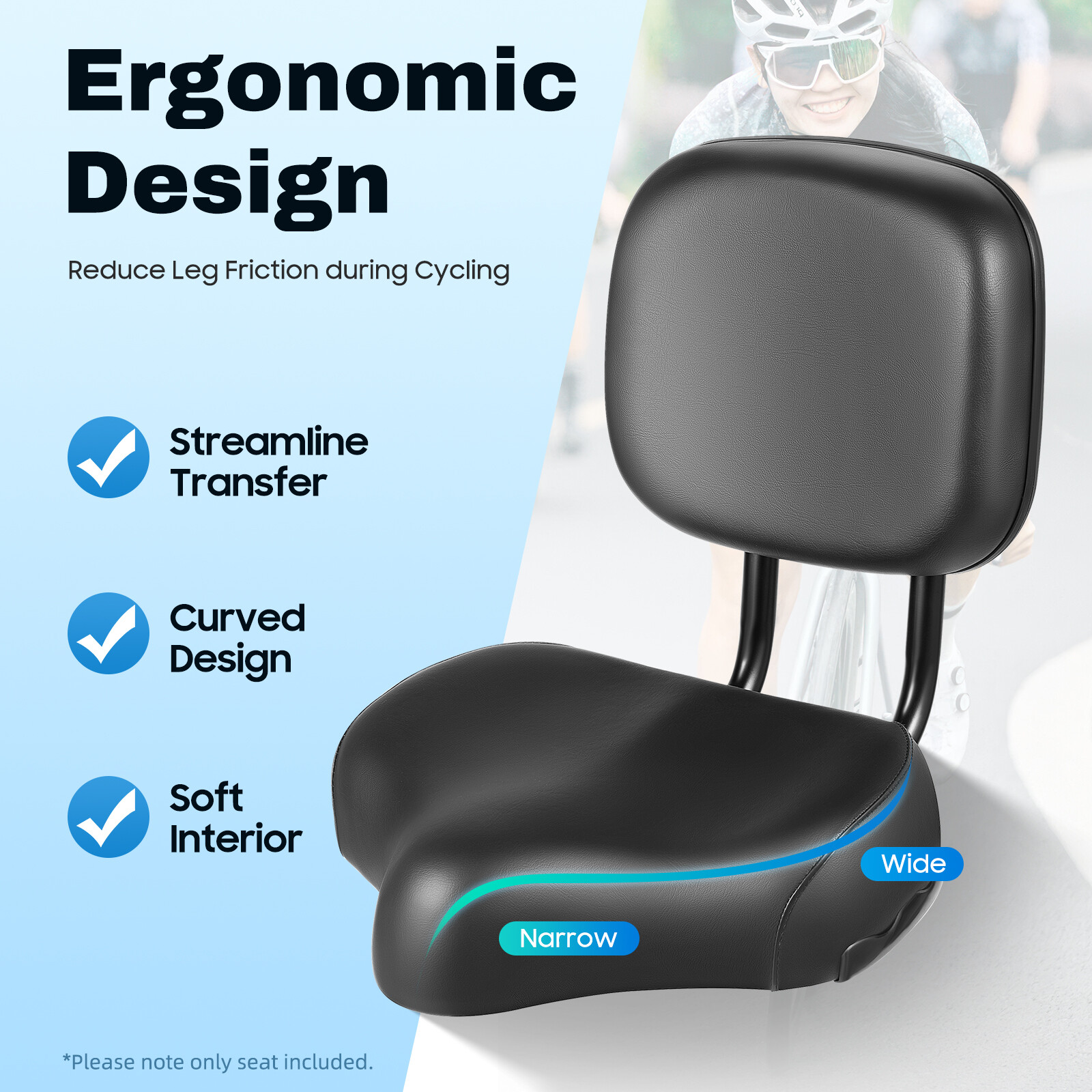 Bike Saddle Seat + Backrest Bicycle Extra Wide Comfort Leather Cushion Soft Pad