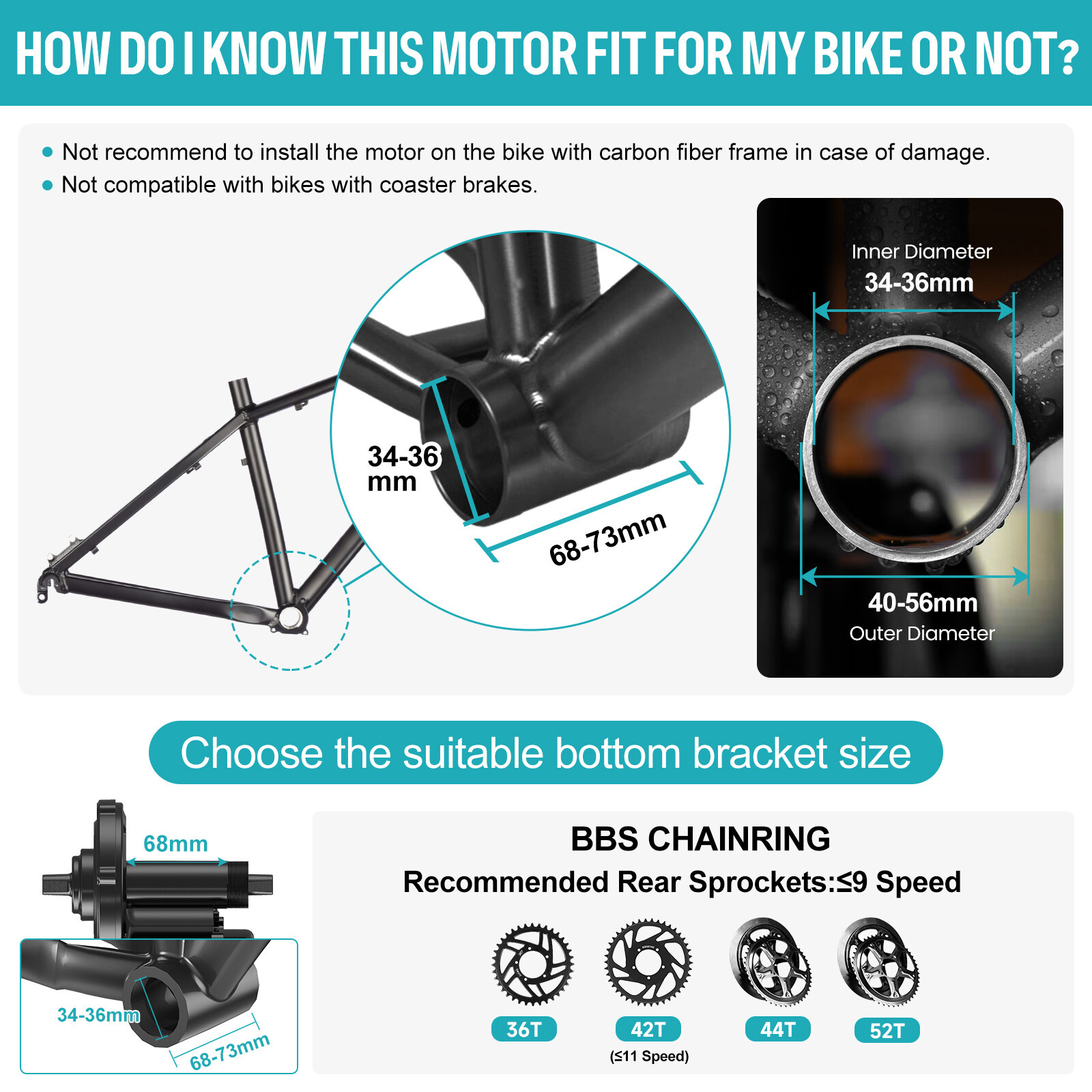 Bafang 36V500W BBS02B Mid Motor Kit DIY Electric Bicycle Conversion 68-73mm Kits