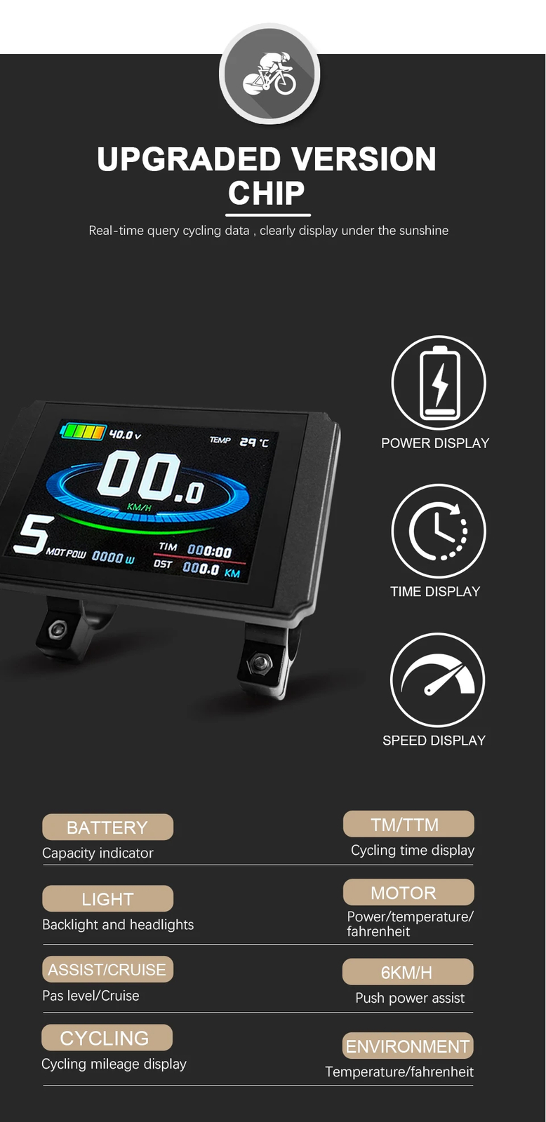 Electric Bicycle Color Display with USB 24V/36V/48V/52V/60V72V E-bike Display