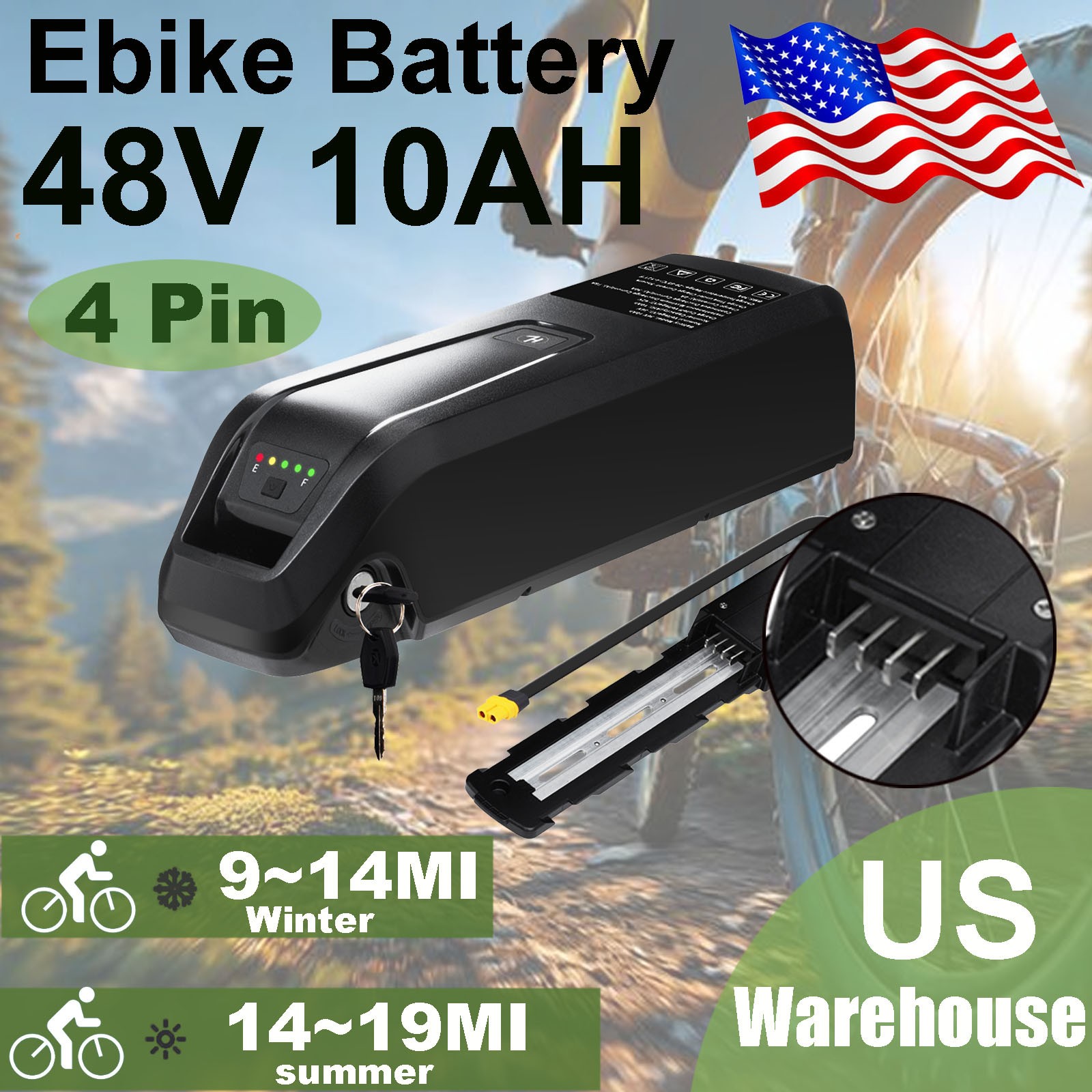 UUG 48V 10Ah Electric Bicycle Ebike Lithium Battery Built-in 30A BMS w/4Pin Base