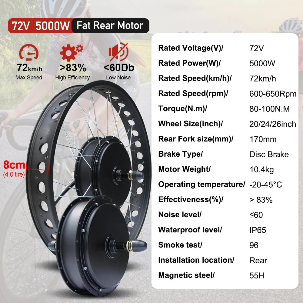 72V 5000W Electric Fat Bike Kit 4.0 Tyre Rear Hub Motor Wheel Dropout 170mm