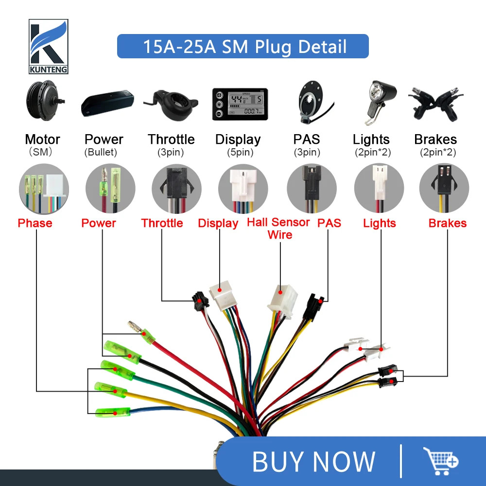 Electric Bicycle Controller 15A-35A SM Waterproof Plug 250W-1500W Hub Motor