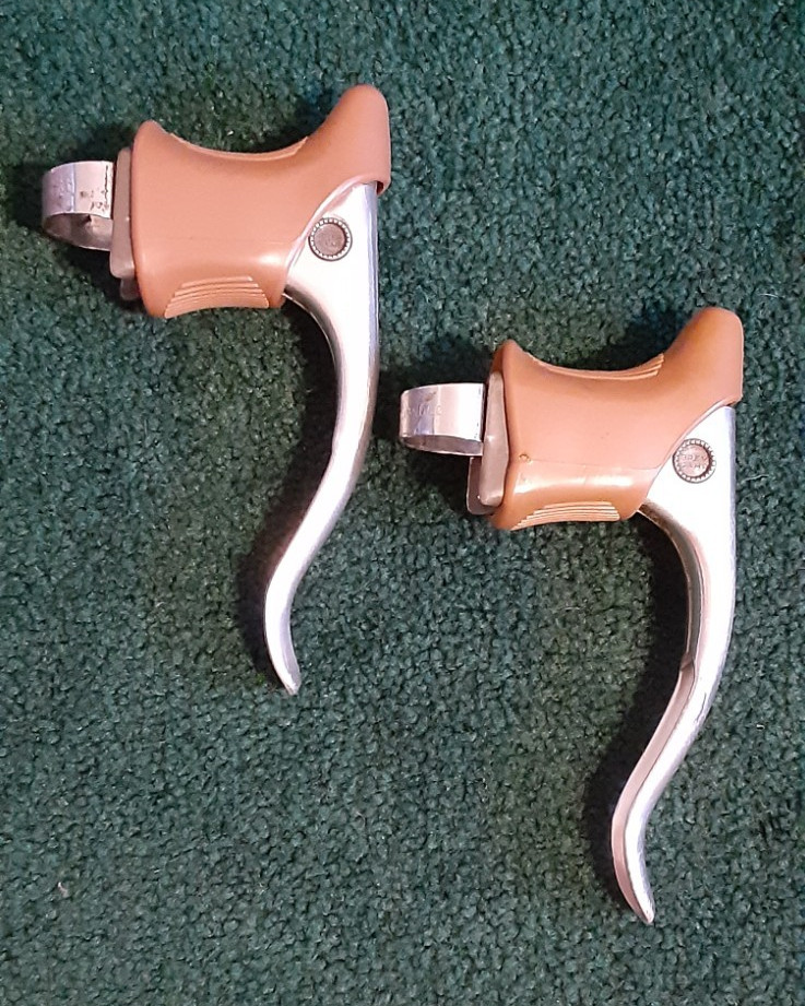 Two (2) Used Campagnolo 1972 Record Brake Levers, Brown Gum Hoods