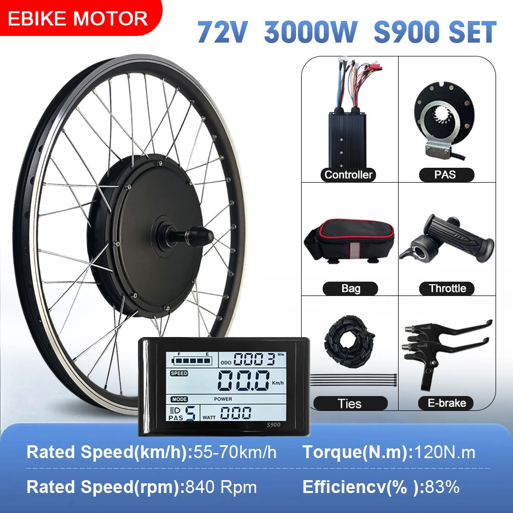 E-bike Conversion Kit 72V 3000W Brushless Rear Wheel Hub Motor Dropout 135mm