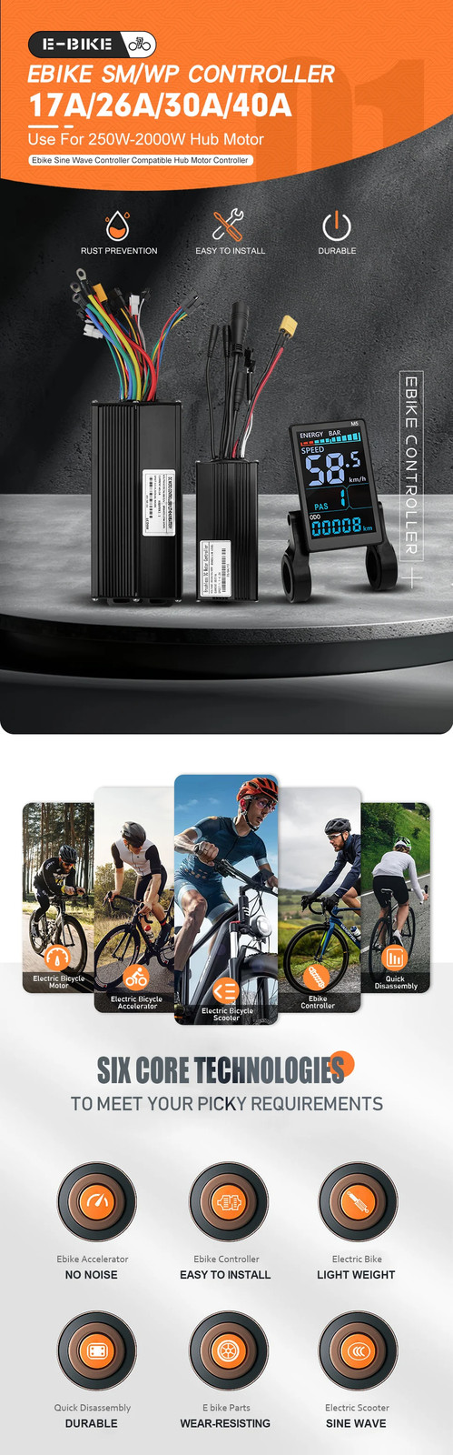 Electric Bicycle 3 Mode Sinewave Controller 17A 26A 30A 40A with M5 M9 Display