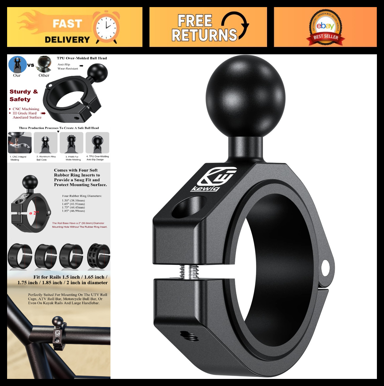1» Ball Large Bar Clamp Mount for 1.5»-2» Round Rails & ATV UTV Roll Cages