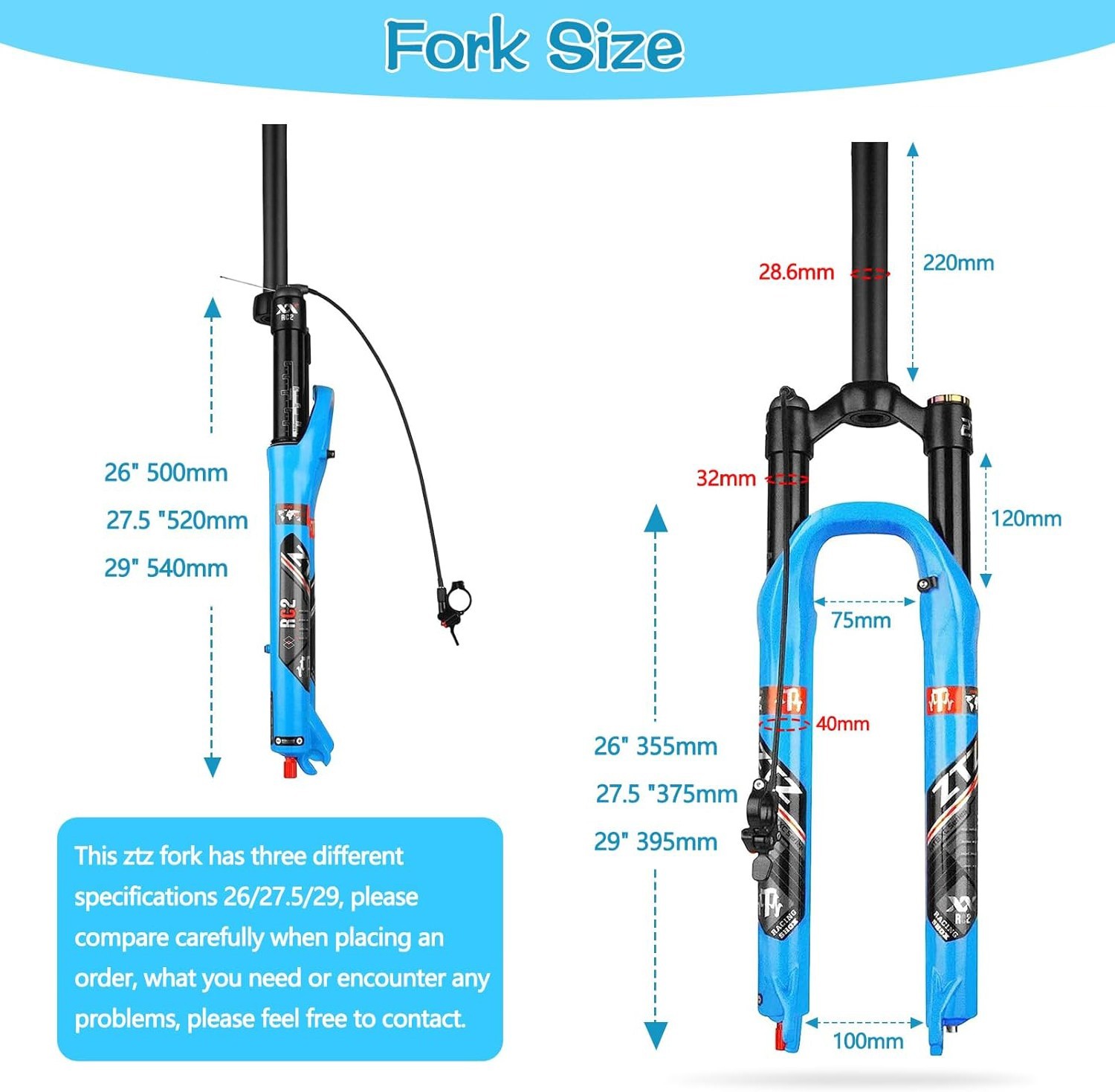 ZTZ MTB Air Suspension Fork Fit for 26/27.5/29 inch Mountain Bike, QR 9mm, XC/AM