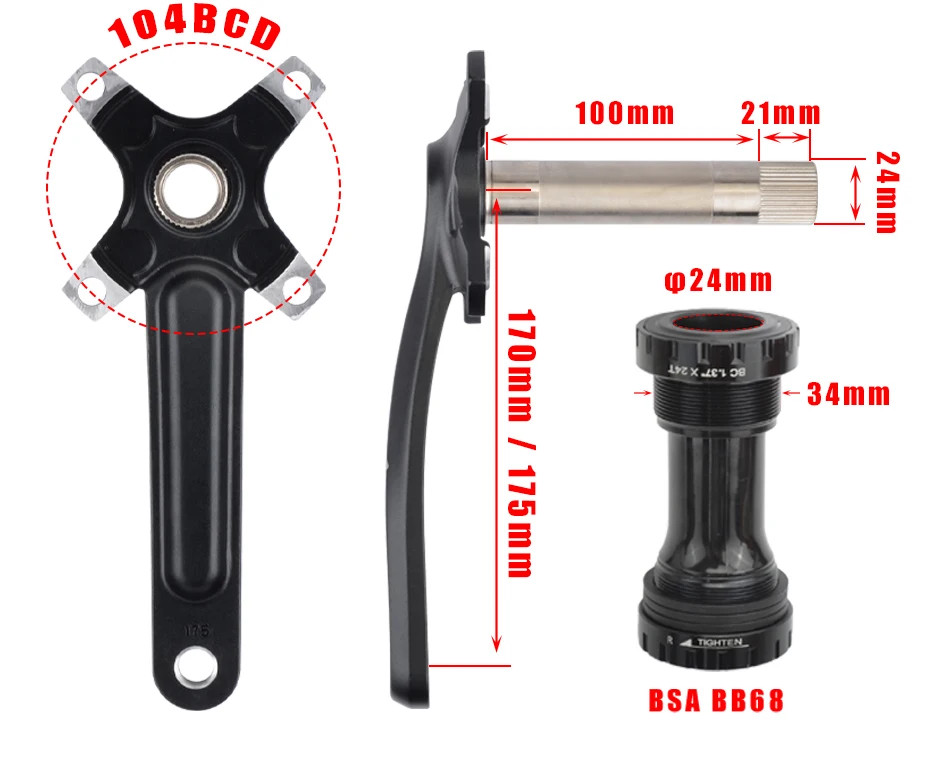 104BCD MTB Bicycle Crankset 170mm Crank 32T 34T 36T 38T Plate Chainring with BB