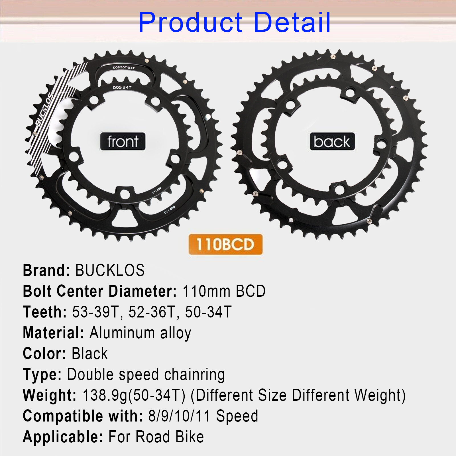 110 BCD Double Chainring 50-34T/52-36T/53-39T Road Bike Round Chain Ring 9-11S
