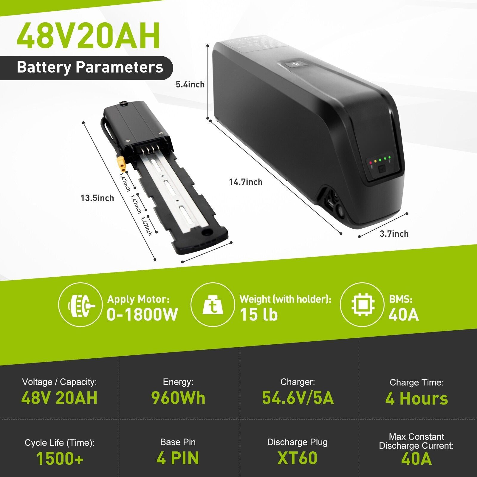Ebike Battery 52V 48V 36V 10Ah 15Ah 20Ah Electric BiKE Scooter Battery Black