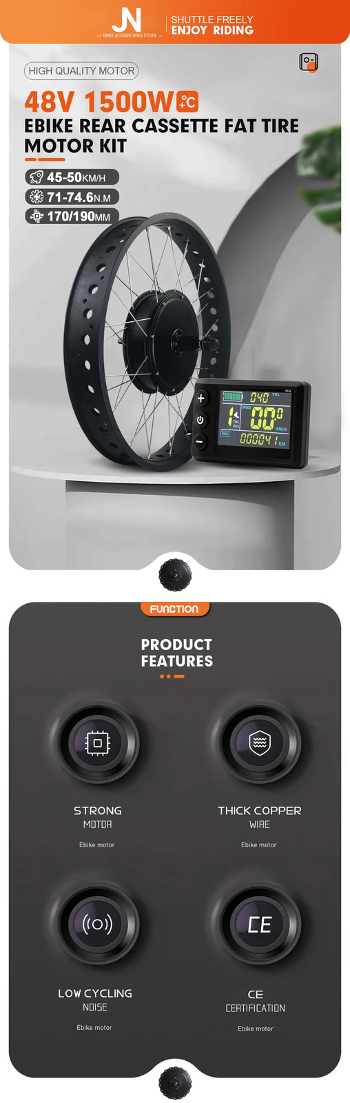 48V 1500W 4.0 Fat Tire Snow Bike Ebike Rear Cassette Hub Motor Wheel Kit
