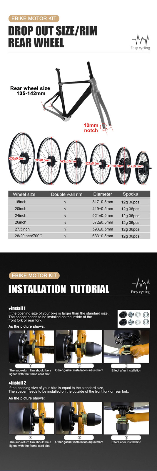 E-bike Conversion Kit 36V 250W 48V Brushless Rear Rotate Hub Motor Wheel