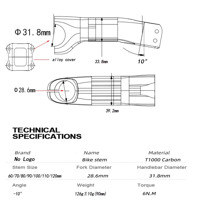 3K Carbon Stems -10 Degree Ultralight Road/MTB Handlebar Stem Parts 60-120mm