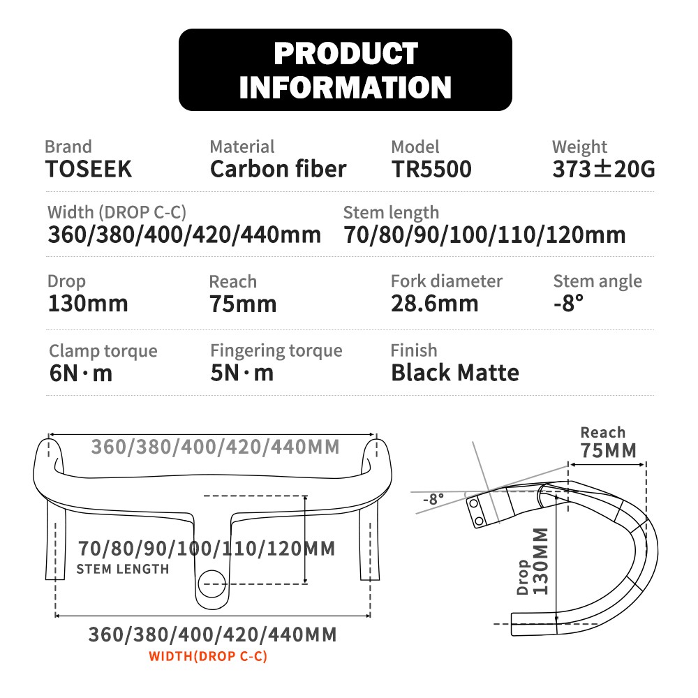 TOSEEK Carbon Fiber Integrated Handlebar -8° Gravel Road Bicycle Drop Bar 28.6mm