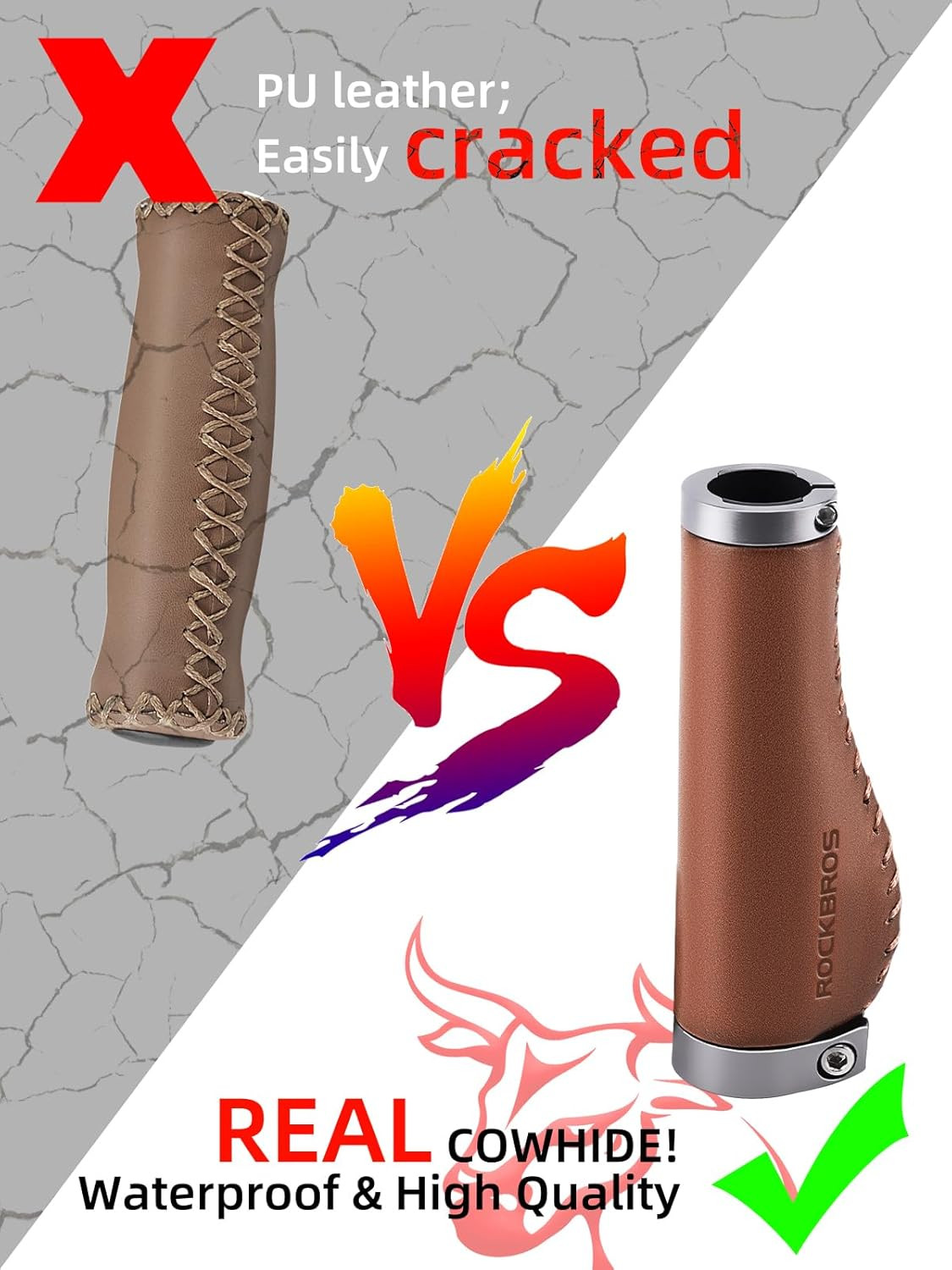 ROCKBROS Leather Bike Handlebar Grips Bike Grips Leather Grips Ergonomic Design,