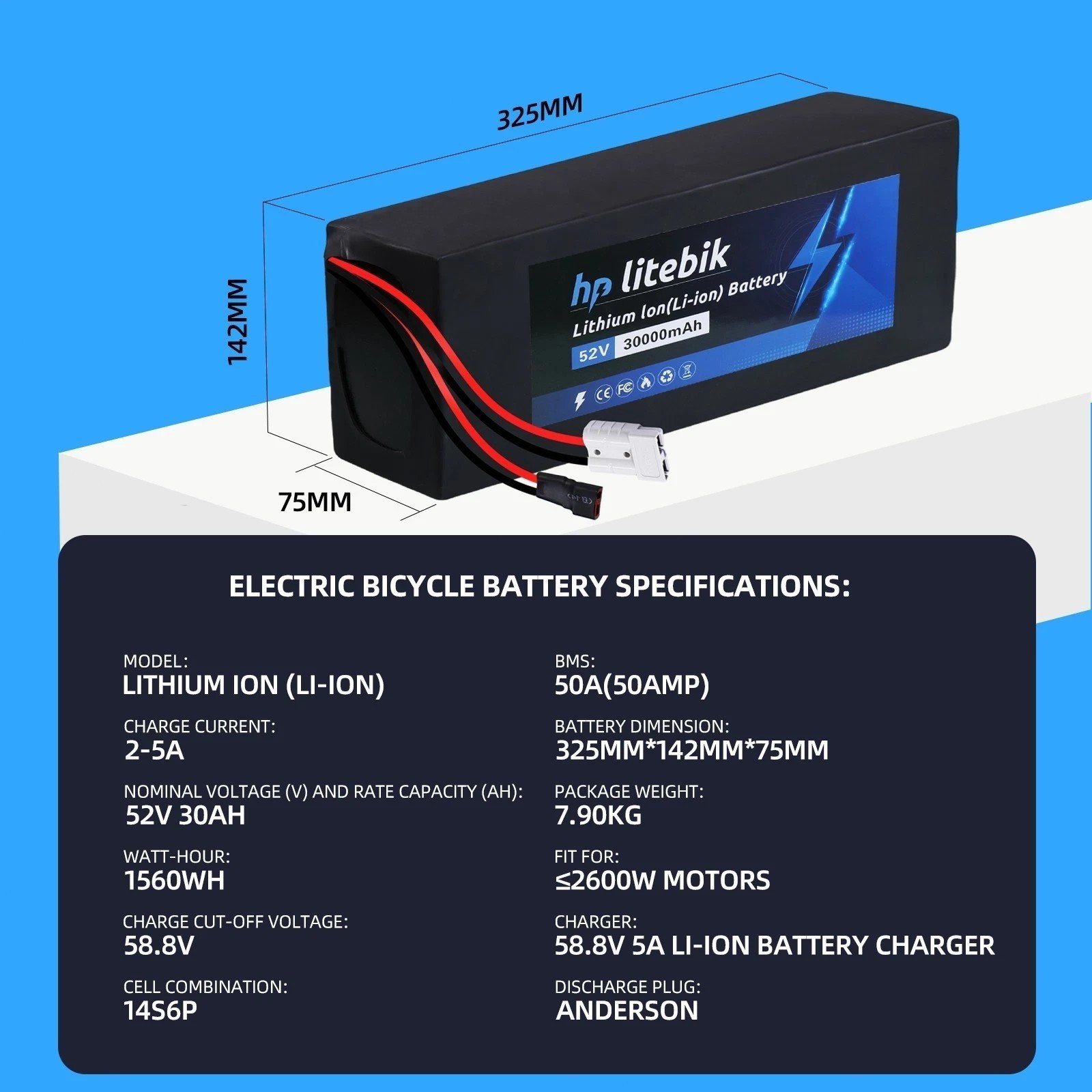 48V/52V/60V/72V Ebike Battery 20Ah/30Ah Lithium for Electric bicycle 2400W-3600W