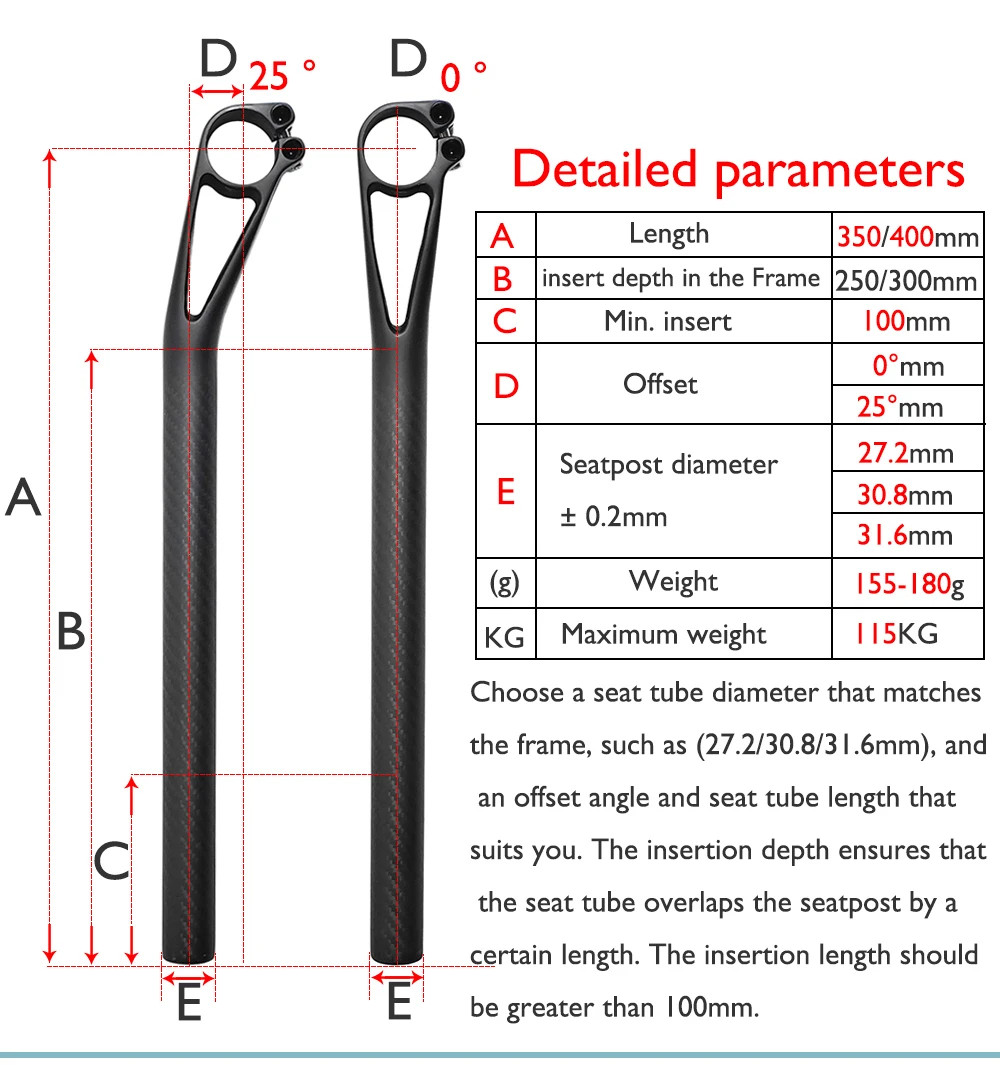 -0°/25° Fully Carbon Hollow Seat Tube Road Gravel Off-road MTB Bicycle Seatposts