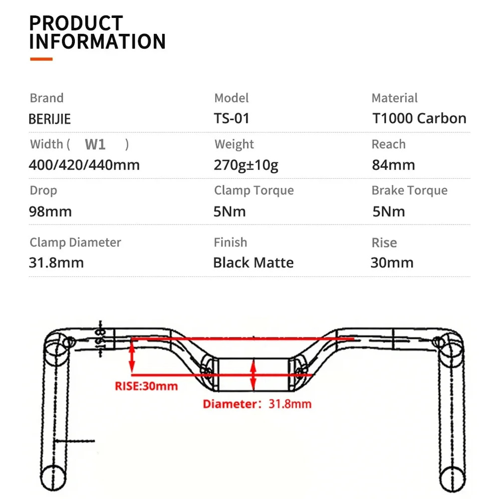 Full Carbon Road Bike Handlebar Internal Cable 400mm/420mm/440mm Black Matte