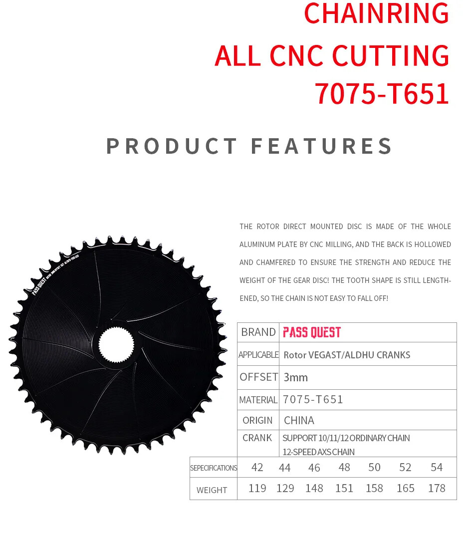 PASS QUEST Rotor Gravel Bike 3mm Offest AERO Round Narrow Wide Chainring