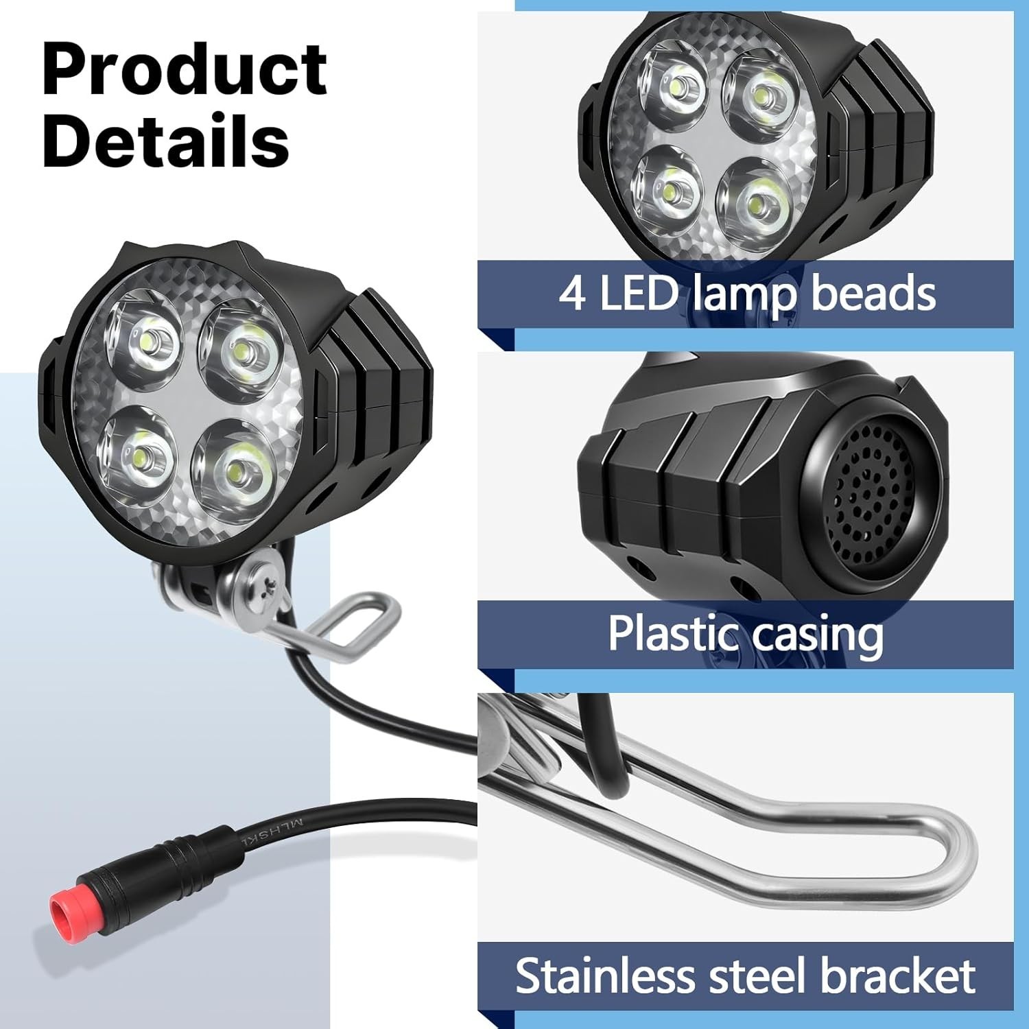 Ebike Headlight 2 Pin, Ebike Front Light for 36V 48V Battery Systems, Waterproof