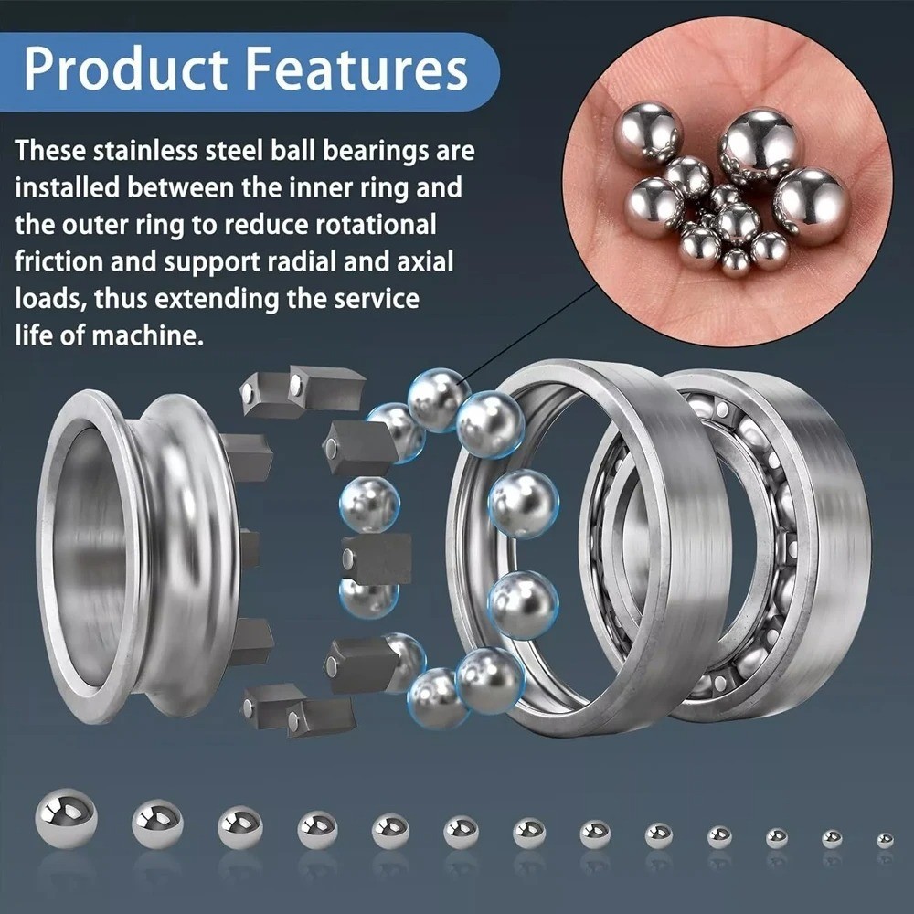 50PCS 304 Stainless Steel Bearing Balls Precision Solid Steel Ball Assortment