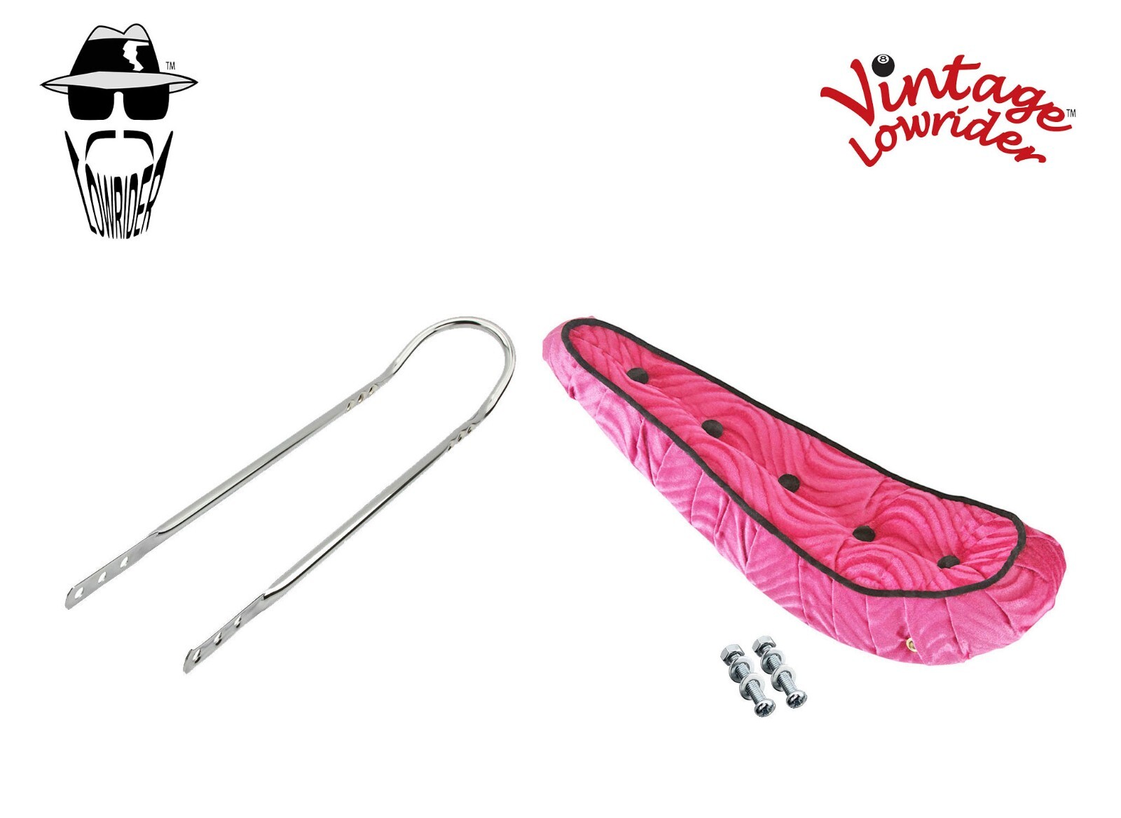 20″ Original VINTAGE LOWRIDER Velour Pink Banana 5 Button Seat W/Chrome SissyBar