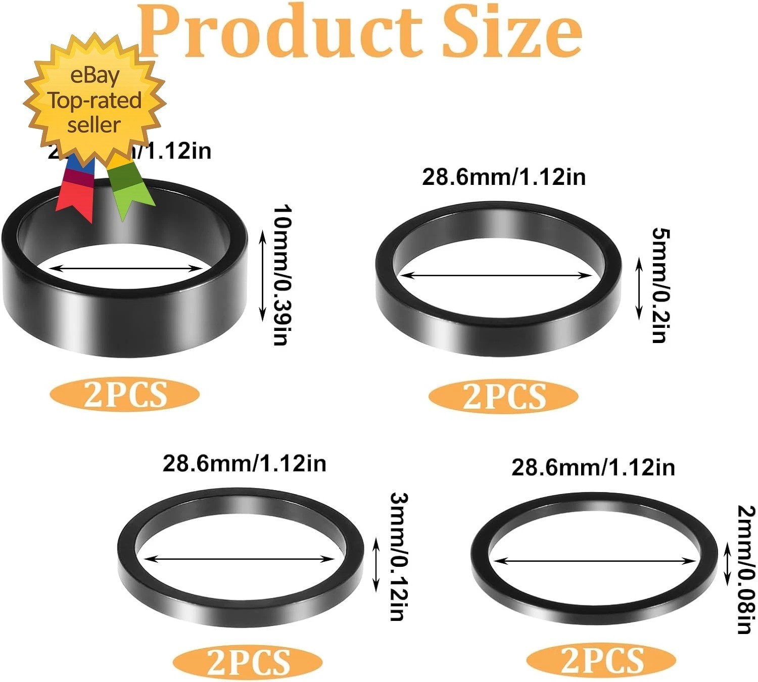 8PCS Bike Headset Spacer Set 1-1/8″ Aluminum Alloy Stem Spacers 2/3/5/10mm Black