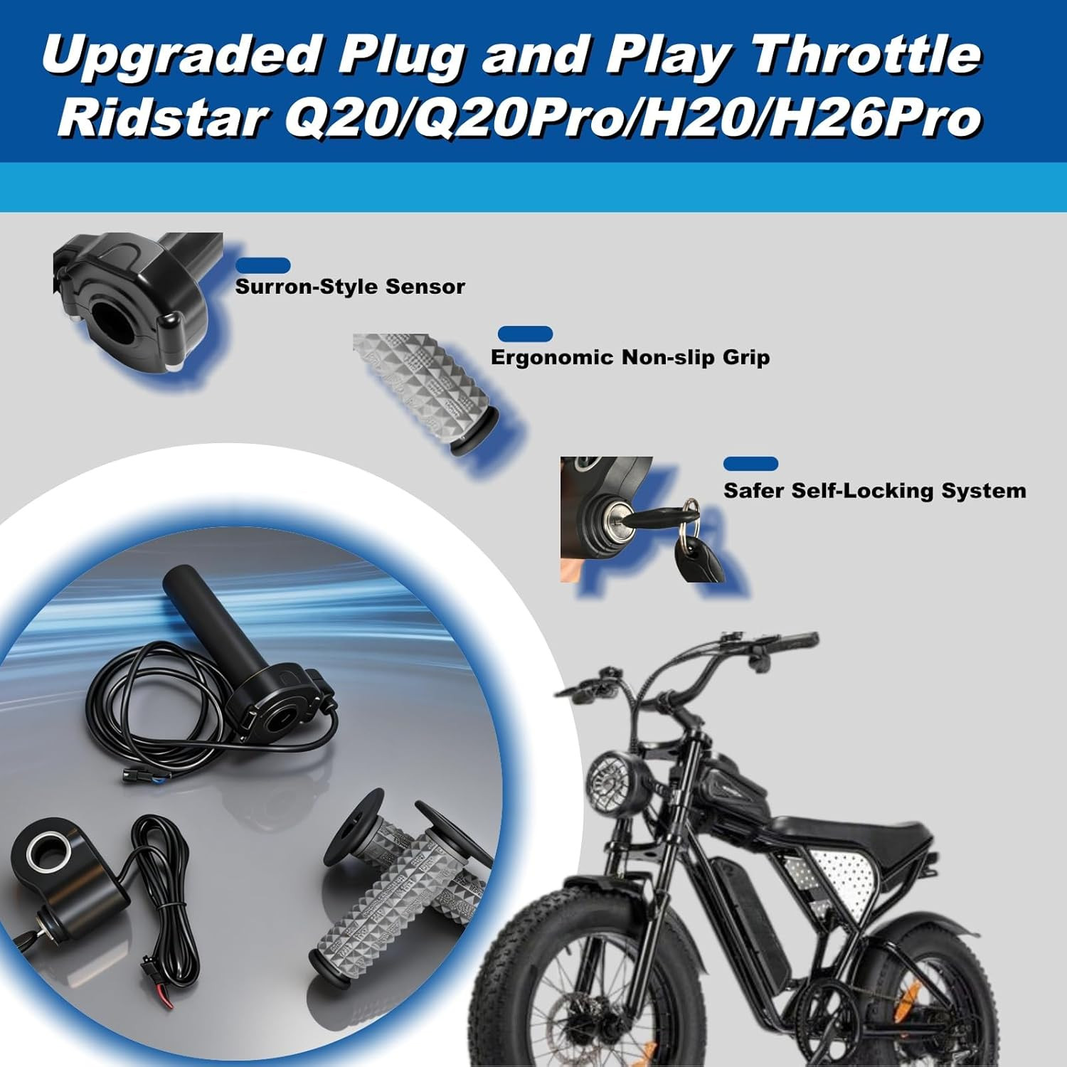 Surron Throttle for Ridstar Q20, Full Twist Throttle with Rolling Bearing, Plug