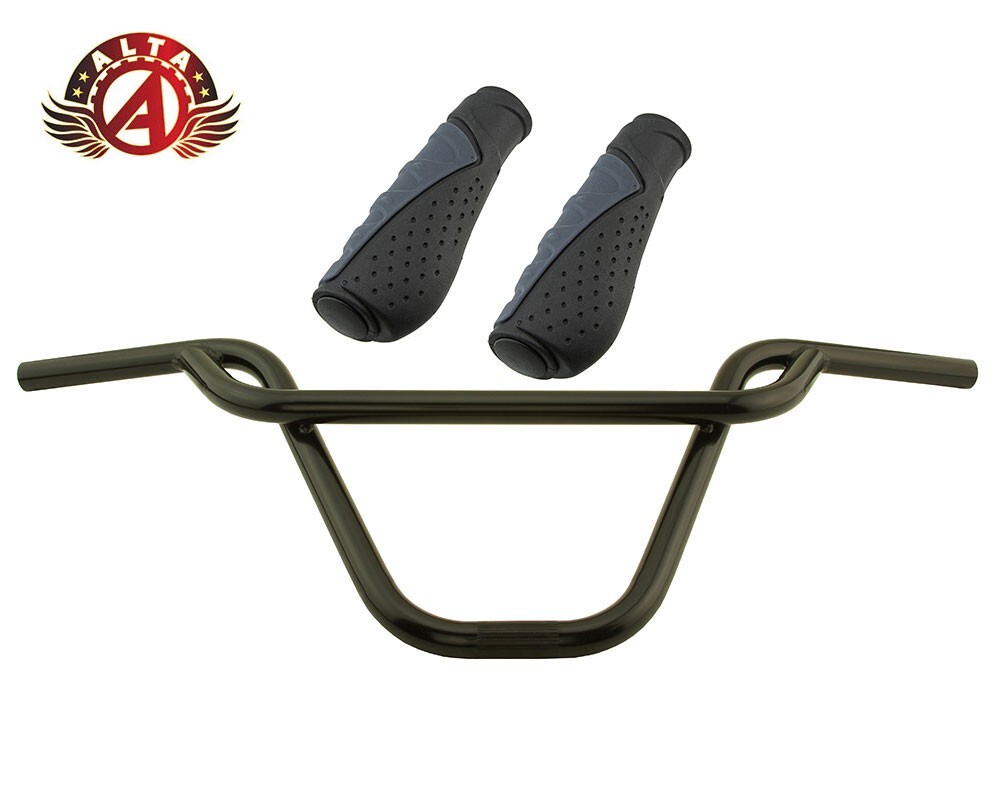ALTA BMX Old School PRETZEL Black Handlebar W/ 135mm SPORTY ERGONOMIC GRIPS.