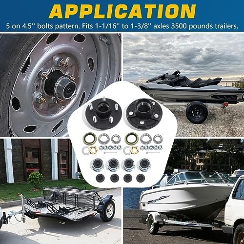 2Sets Trailer Hub Kits 5 on 4.5 for 3500 lbs 1-1/16» to 1-3/8» Tapered Axle,