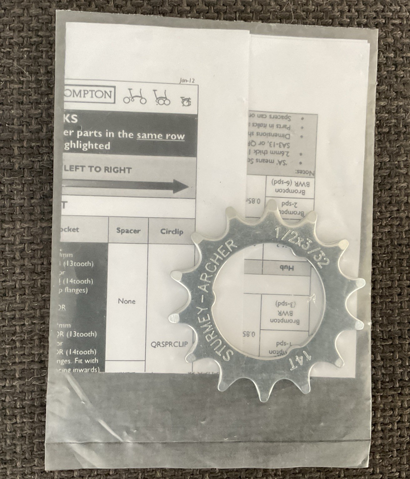 Brompton Sprocket Only 3/32” 3-spline-14T (3 spd) , Free Mainline Shipping