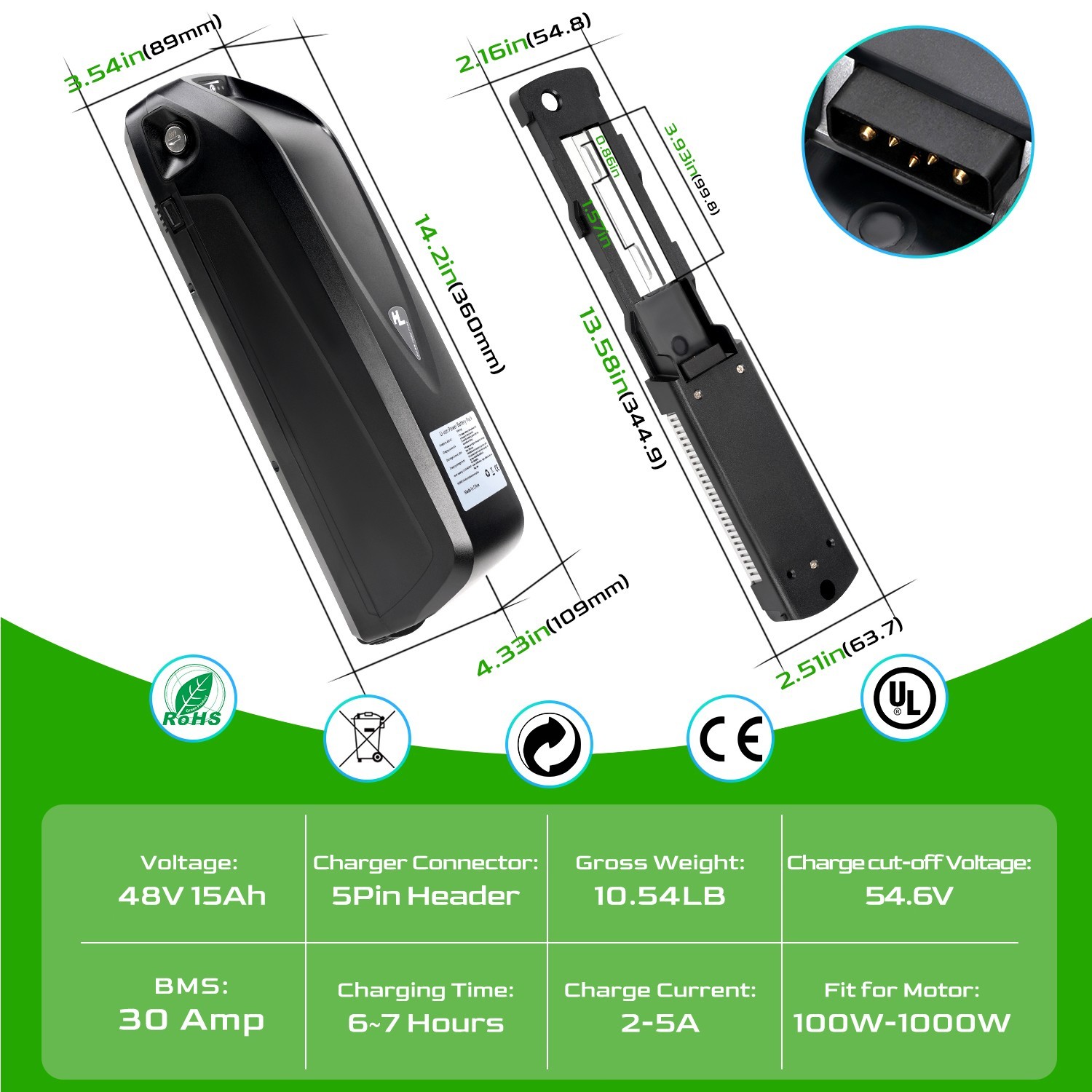 Ebike Battery 52V 48V 36V 13Ah 15Ah 20Ah Electric BiKE Scooter Battery Black