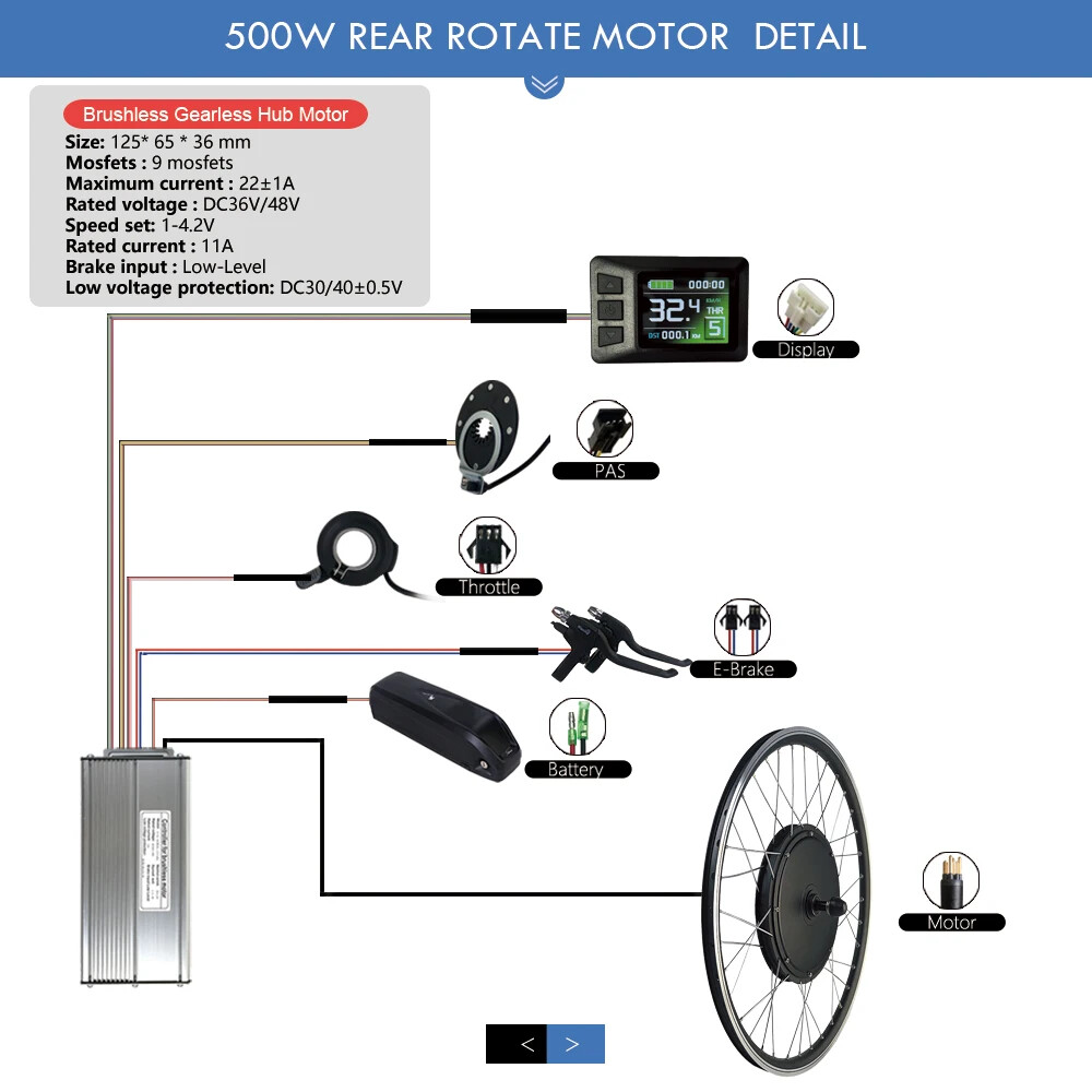 36V 48V 500W Rear Rotate Brushless Gearless Hub Motor for E-bike Conversion Kit