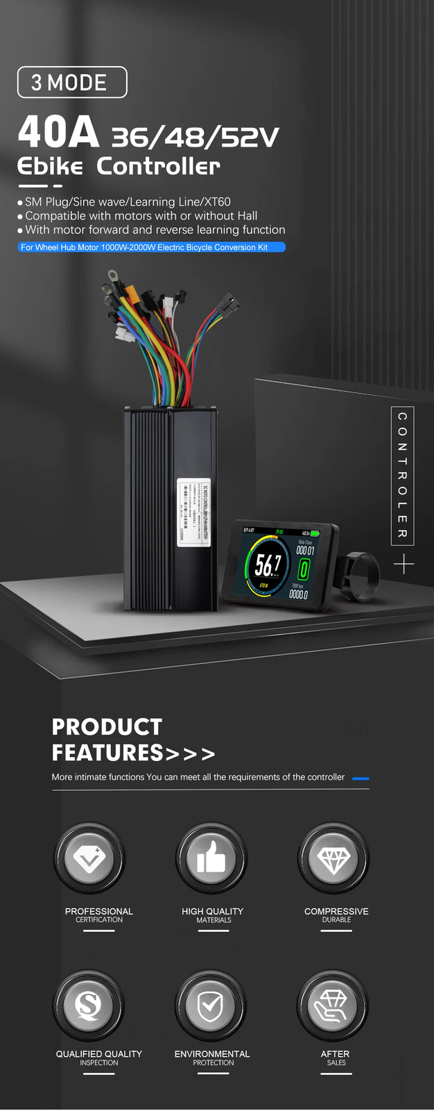 E-bike Sine Wave Controller 36V 48V 52V 40A Three-Mode with LCD Color Display