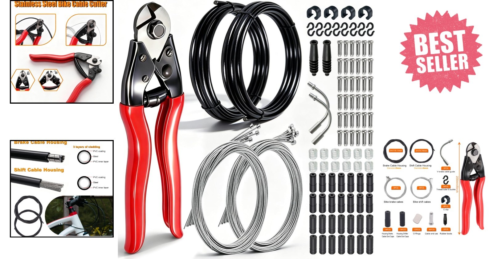 107PCS Stainless Steel Bike Cable Kit – Brake & Shift Cables, Cutters, Caps & O-