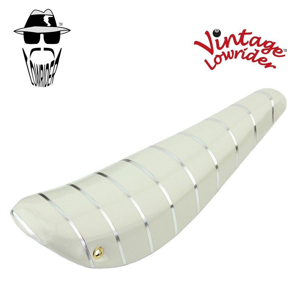 Vtg VINYL BANANA SADDLE IN SPARKLE/WHITE W/SILVER STRIPE FOR 16″ BICYCLES