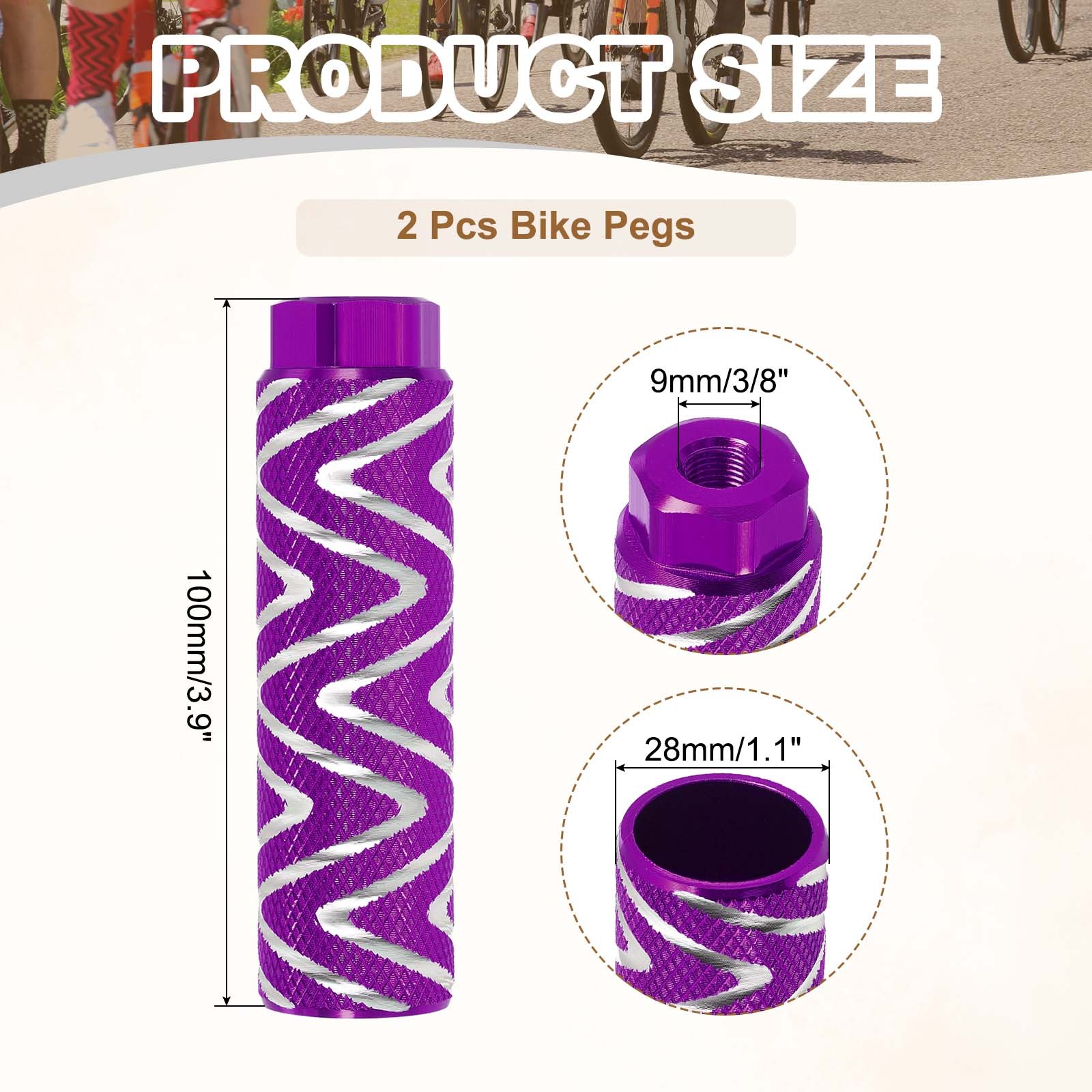 2 Pack Aluminum Alloy Bike Pegs Anti-Skid Fit 3/8 Inch Axles with Stripe Purple