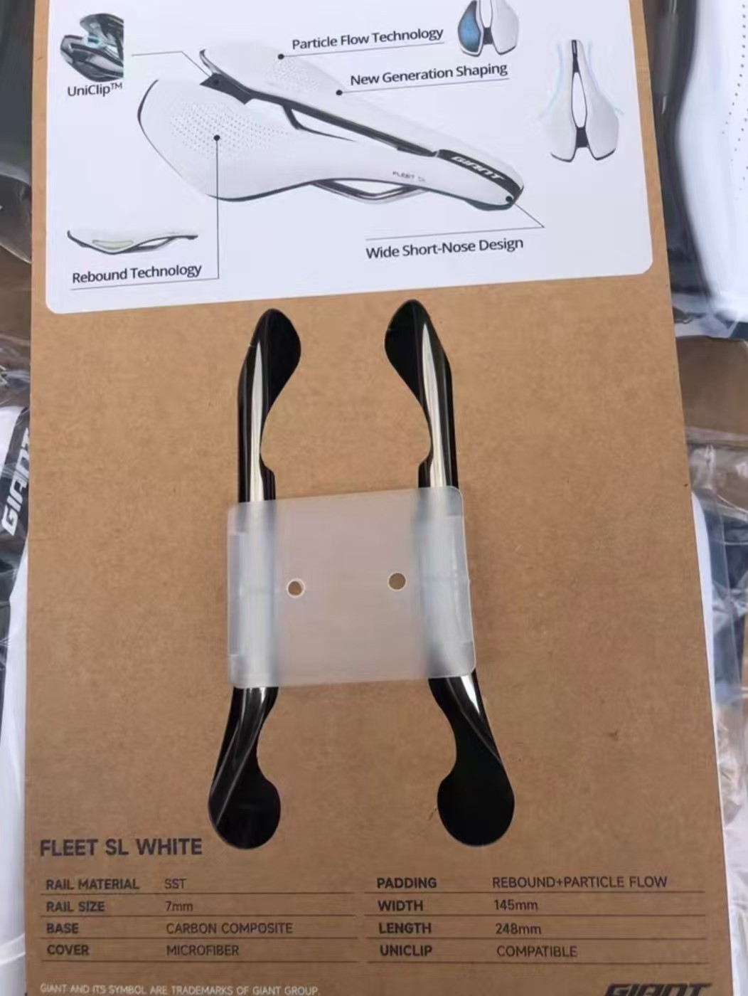 GIANT FLEET SL WHITE SADDLE 248X145MM SHORT NOSE CARBON COMPOSITE WEIGHT 222g