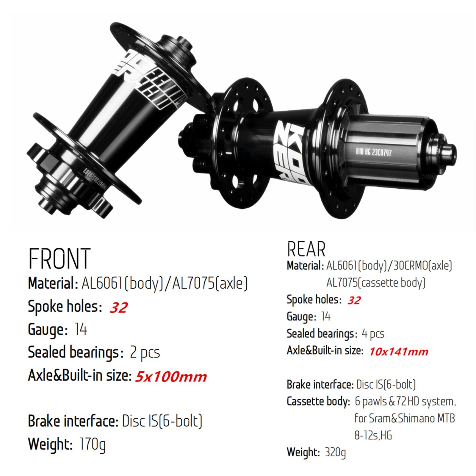 XM490 PRO MTB Rear Hub Boost 32H QR Disc Brake 10×141/ Front Hub 5×100,HG,8-11S