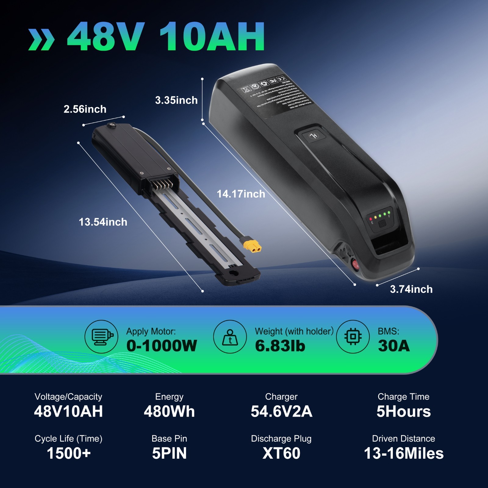 5-PIN 48V Ebike Lithium Battery 48V 10Ah For Electric Bicycle 100W-1000W Motors
