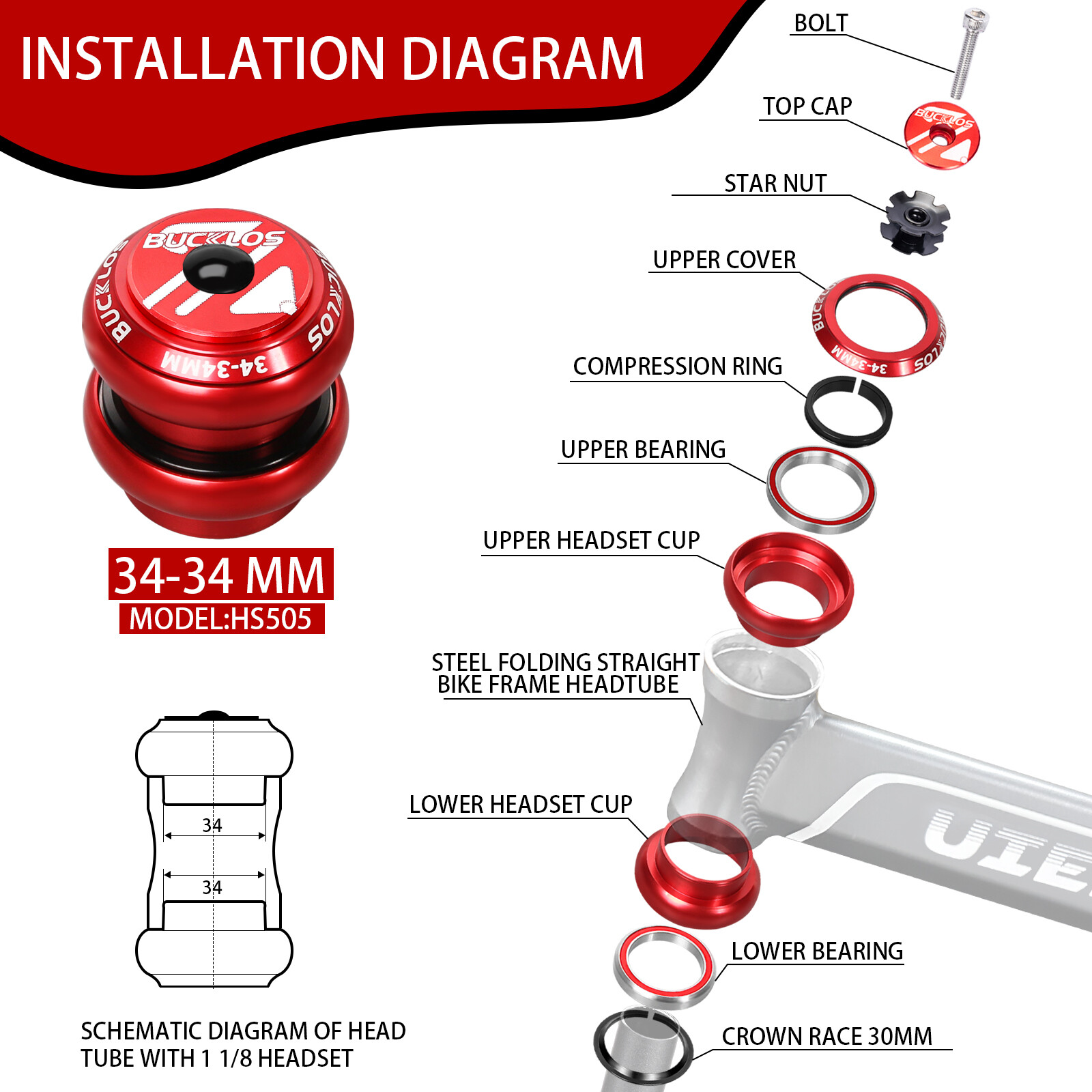 34mm 1-1/8″ Threadless MTB Road Bike Bicycle Sealed External Bearing Headset Set