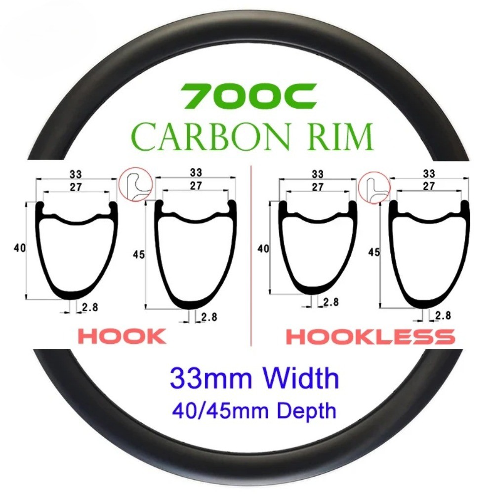 Gravel Bike Carbon Rim 40mm 45mm Deep 33mm Wide Tubeless Hook Hookless